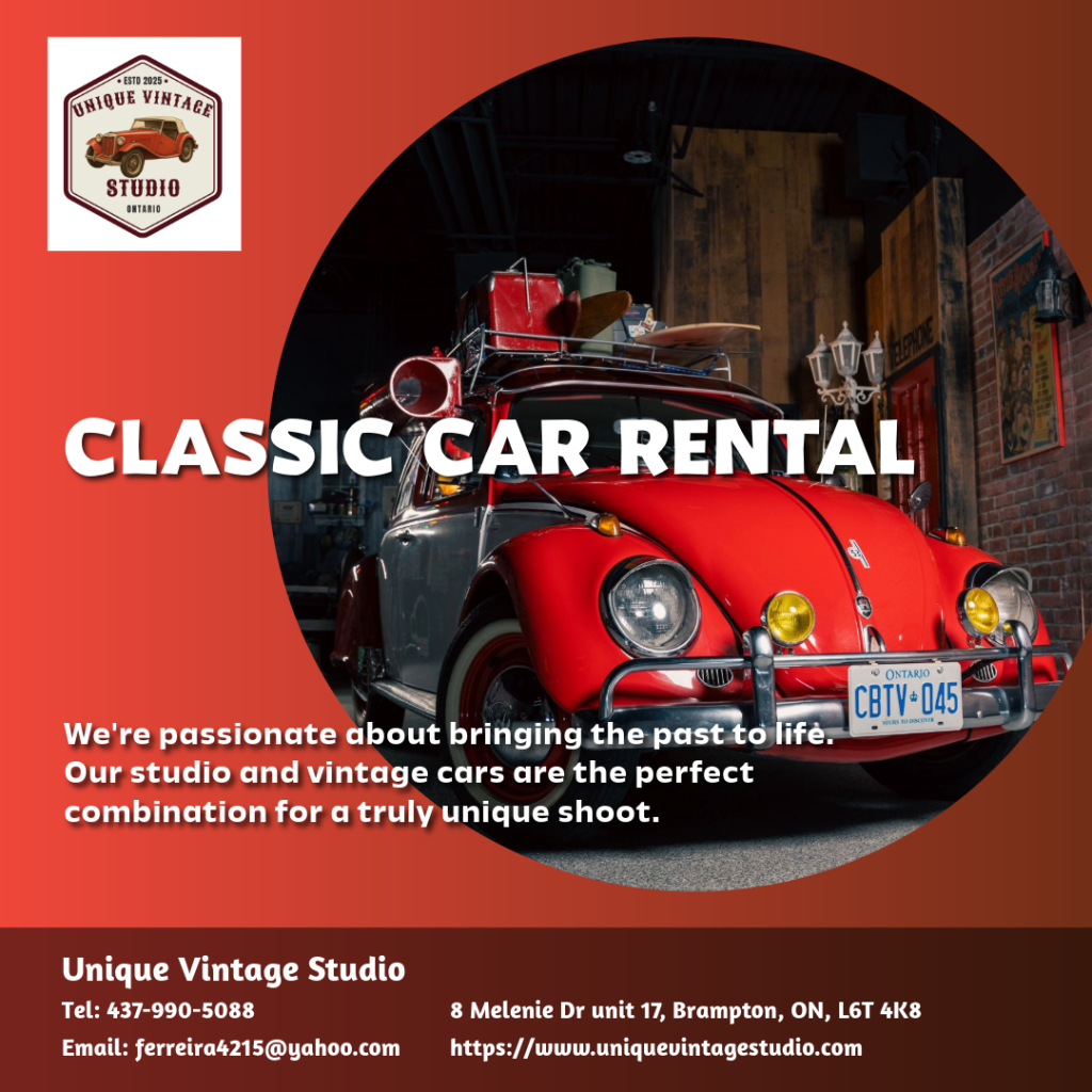 Step into timeless elegance with vintage car rentals and a retro-themed studio in Brampton. Perfect for photoshoots, engagements, and creative projects.